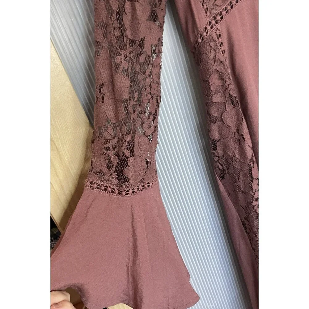 ASTR The Label Copper Ditsy Long Sleeve Midi Dress Sz S Lace Whimsy Boho Ruffles